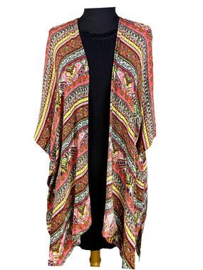 DORA Boho Striped Kimono Orange Red Festival Cover Up S/M Desert Daze 70s